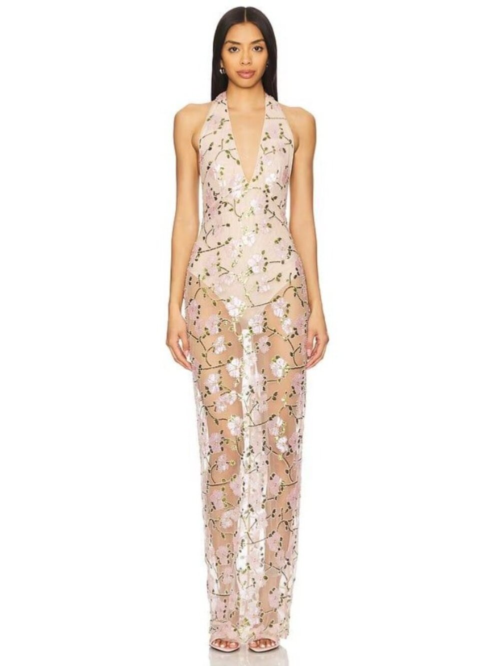 Sau Lee Olympia Sheer Mesh Maxi Dress Nude Womens Size 4 - Picture 3 of 12